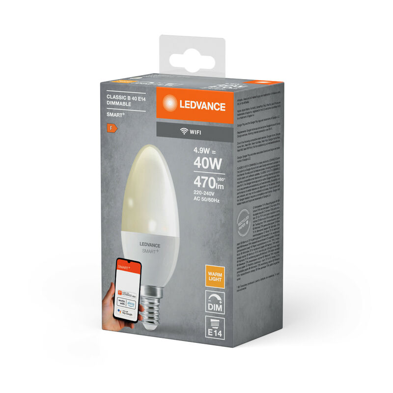 LEDVANCE Lampada LED intelligente con tecnologia WiFi, attacco E14,  dimmerabile, bianco caldo (2700 K), sostituisce le lampade a incandescenza  con 40W, SMART+ WiFi Candle dimmerabile, confezione da 1