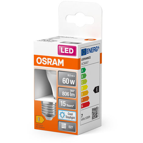 OSRAM LED-Lampen, klassische Miniballform, 60 Watts Ersatz, E27, P-shape,  6500 Kelvin, Kaltes Tageslicht, Matt