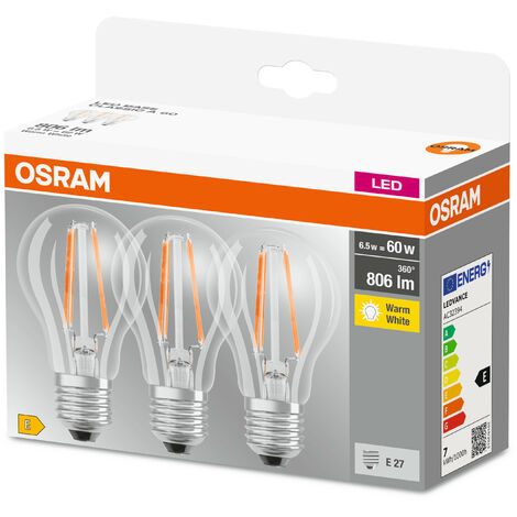 BASE LED OSRAM classica A, in forma del pistone con presa E27, non dimmerabile, sostituisce 60 watt, stile filamento chiaro, bianco caldo - 2700 Kelvin, 3-pack