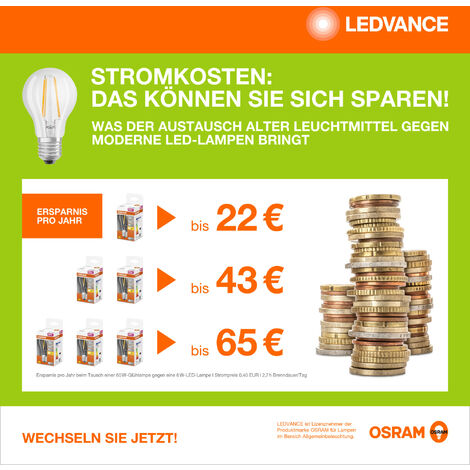 BASE LED OSRAM classica A, in forma del pistone con presa E27, non dimmerabile, sostituisce 60 watt, stile filamento chiaro, bianco caldo - 2700 Kelvin, 3-pack