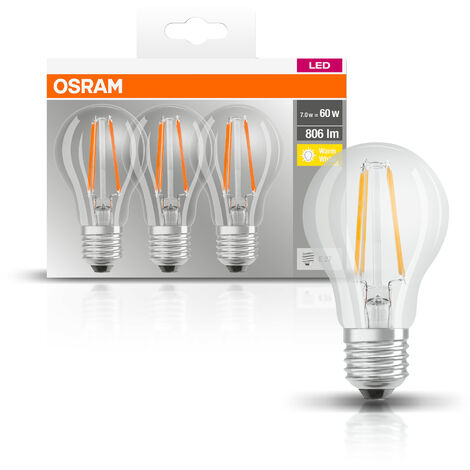 BASE LED OSRAM classica A, in forma del pistone con presa E27, non dimmerabile, sostituisce 60 watt, stile filamento chiaro, bianco caldo - 2700 Kelvin, 3-pack