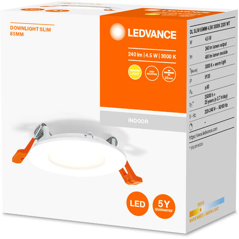 LEDVANCE Downlight LED: per soffitto, RECESS SLIM DOWNLIGHT / 4,50 W, 220…240 V, ampiezza fascio luminoso: 110, Warm White, 3000 K, materiale del corpo: polyprophylene (pp)/polyamid, IP20
