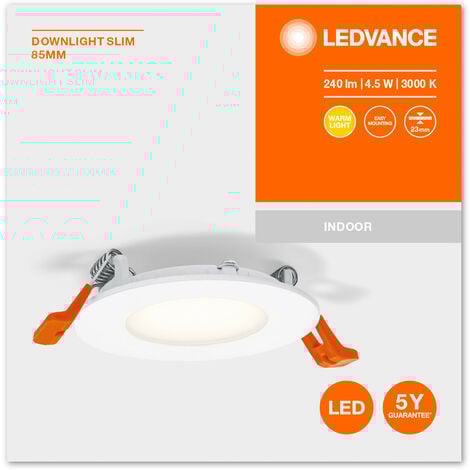 LEDVANCE Downlight LED: per soffitto, RECESS SLIM DOWNLIGHT / 4,50 W, 220…240 V, ampiezza fascio luminoso: 110, Warm White, 3000 K, materiale del corpo: polyprophylene (pp)/polyamid, IP20