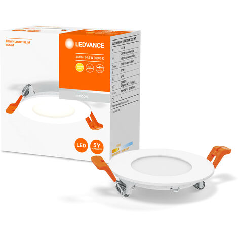 LEDVANCE Downlight LED: per soffitto, RECESS SLIM DOWNLIGHT / 4,50 W, 220…240 V, ampiezza fascio luminoso: 110, Warm White, 3000 K, materiale del corpo: polyprophylene (pp)/polyamid, IP20