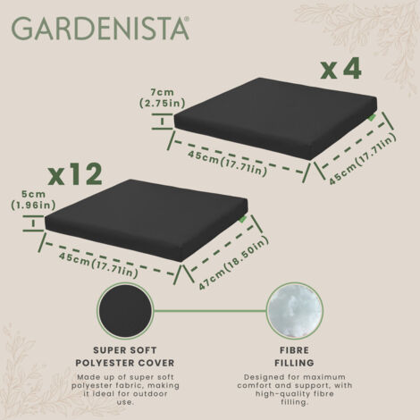 Gardenista - Outdoor 16 Pieces Cushion for Rattan Furniture, Lightweight Seat Cushions for Patio Rattan Chairs, Water Resistant Chair Cushions for Garden - Black (Cushions Only)