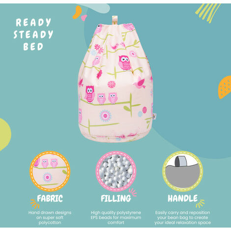 Ready Steady Bed - Kids Bean Bag Chair for Living room, Round Gaming Bean Bag for Children, Polycotton Indoor Bean Bag Chair for Toddlers, Soft Child Safe Seat Playroom - Owls