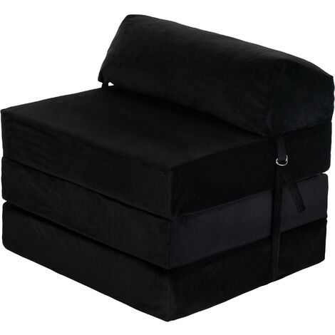 Loft 25 Velvet Fold Out Single Sofa Bed Futon Zbed Foam Filled Folding Chair Mattress, Black