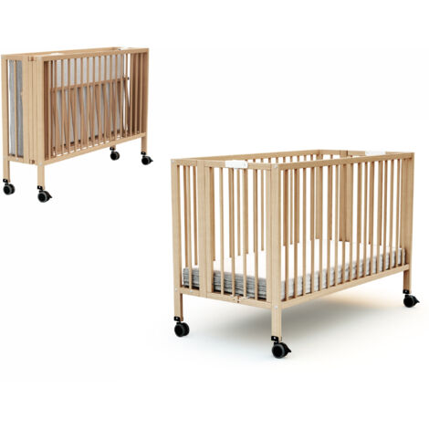 Les Tendances – Lit bébé pliant en bois massif 124,5x64,5cm – Matelas 60x120cm – 4 roulettes multidirectionnelles – Norme EN-176-1
