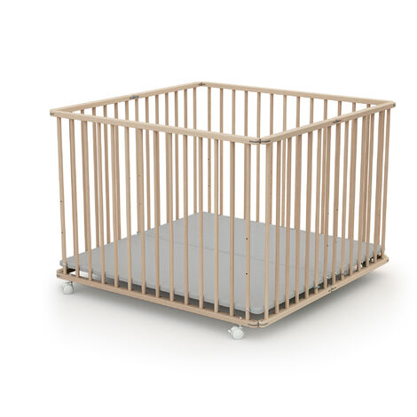 Les Tendances – Parc bébé pliant en bois 100 x 100 cm – 4 roues avec frein – Fond en PVC réglable 3 hauteurs – Pour enfants jusqu'à 15 kg (1/4)