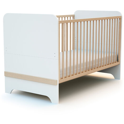 Lit bébé évolutif 70 x 140 cm en hêtre massif et panneaux agglomérés – Côtés escamotables pour autonomie – Design scandinave blanc et hêtre – AT4