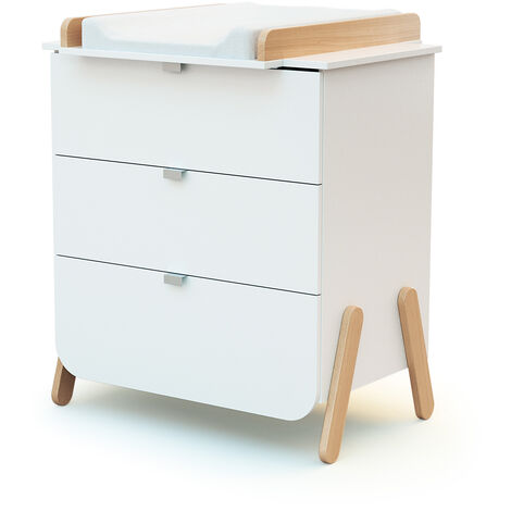Commode à langer 3 tiroirs en bois blanc et hêtre – Dimensions 79 x 66 x 94,5 cm – Plan à langer amovible 50 x 70 cm – AT4