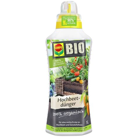 COMPO BIO Hochbeetdünger, Für alle Obst- und Gemüsepflanzen, 100% natürliche und vegane Inhaltsstoffe, Flüssigdünger, 1 Ltr