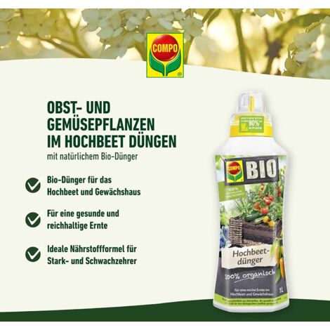 COMPO BIO Hochbeetdnger, Fr alle Obst- und Gemsepflanzen, 100%  natrliche und vegane Inhaltsstoffe, Flssigdnger, 1 Ltr