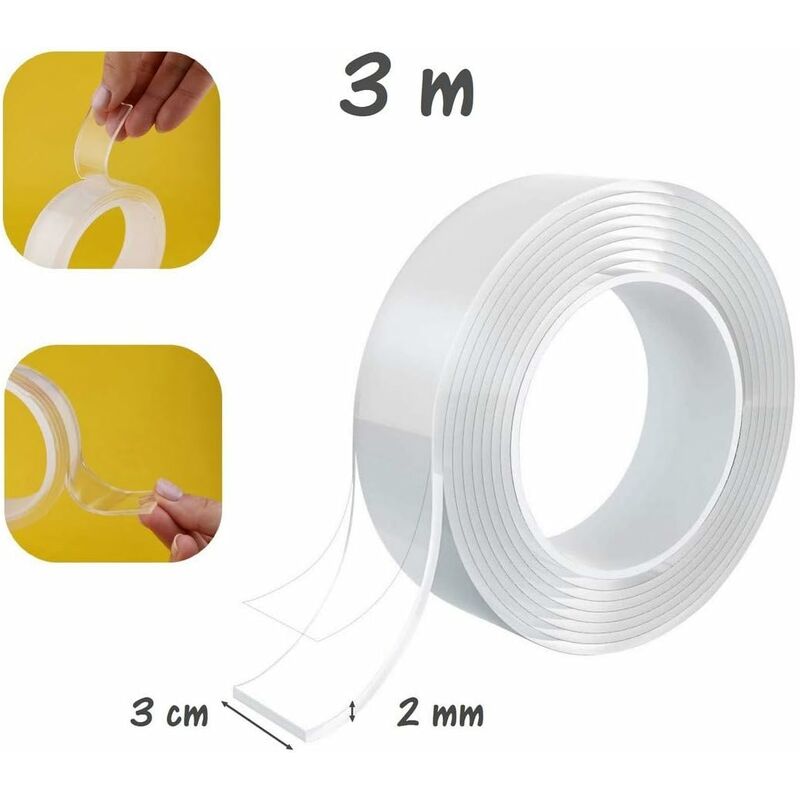 Smart Nano Tape, nastro adesivo nano riutilizzabile, trasparente biadesivo  senza tracce, lavabile e resistente per attaccare oggetti, 2 mm x 3 cm x 3 m