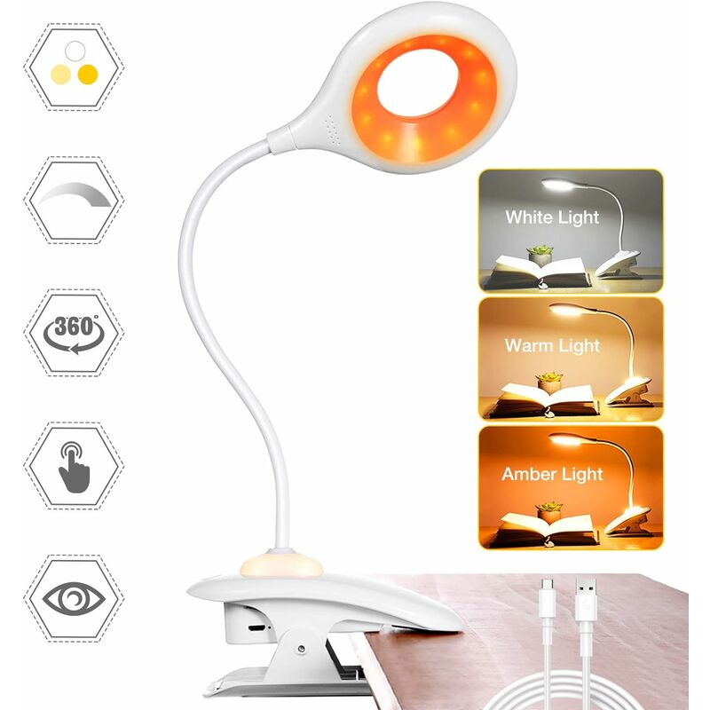 Clip-on Lamp Reading Lamp Amber Light 3 Colors Dimmable Brightness USB  Rechargeable LED Desk Lamp 360° Flexible Clamp Lamp Reading Lamp Eye  Protect Lamp for Bed Bedside Reading HIASDFLS