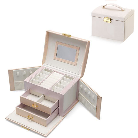 Travel Jewelry Box sold with handle, Lock, Key, rose pink, jewelry organizer display