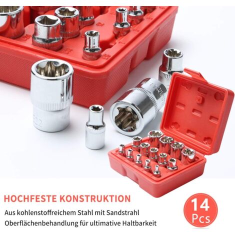 Set of 14 E type star shaped Torx sockets I Ratchet case I Sockets Set of E profiles external Torx E4 E24