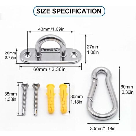 60mm hook, M6 stainless steel eye plate (8pcs) and M6 carabiner (8pcs),  60mm long hook combination