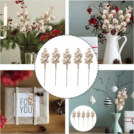 Champagne Artificial Glitter Berry Branch Stems Twigs Christmas Glitter ...