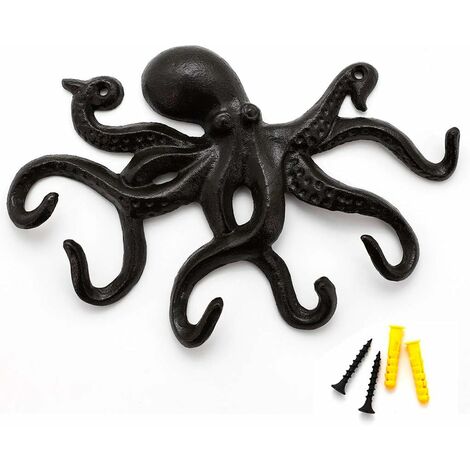 Octopus wall hook, designer wall hook, antique designer wall coat rack,  sturdy 6 arm hook - black HIASDFLS