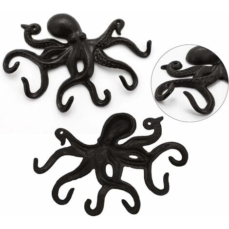 Octopus wall hook, designer wall hook, antique designer wall coat rack,  sturdy 6 arm hook - black HIASDFLS