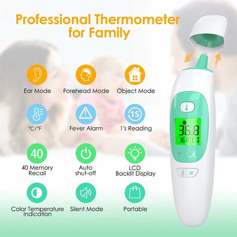 Stirnthermometer für Erwachsene, berührungsloses Kkmier-Thermometer, medizinisches  Stirn- und Ohrthermometer, LCD-Display und Speicherfunktion HIASDFLS