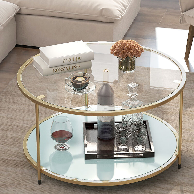 33in Modern Round Tempered Glass Accent Side Coffee Table For Living Room Dining Tea Home Decor W Satin Trim Metal Frame Non Marring Foot Caps