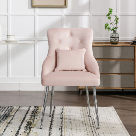 Button Pattern Dining Chair, Upholstered Armchair, Metal Leg Chairs, Modern Lounge Chair, Bedroom Living Room Chair with Lumbar Cushion, Pink