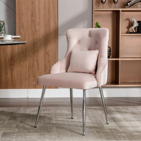 Button Pattern Dining Chair, Upholstered Armchair, Metal Leg Chairs, Modern Lounge Chair, Bedroom Living Room Chair with Lumbar Cushion, Pink