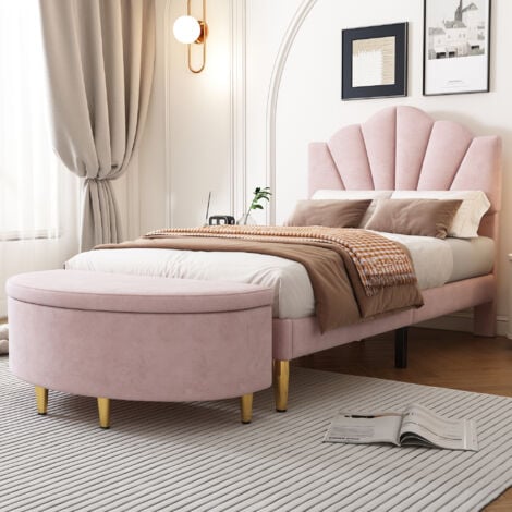 Velvet Upholstered Single Bed-4ft(90190cm) Pink