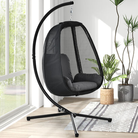 Hanging Hammock Chair Swing Egg Chair W/ Cushion & Waterproof Cover Black