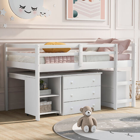 Pine Wood Children Bed Frame 3 Drawers Desk Bookcase Cabinet Storage Shelves Multiple Functions Loft Bed