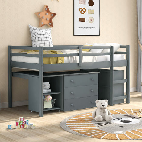 3FT Pine Wood Kids Children Bed Frame 3 Drawers Desk Storage Shelves Loft Bed
