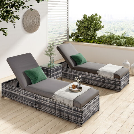 3PCS Lounger Set Garden Patio Rattan Sun Bed With Padded Cushion Coffee Table