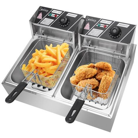 2500W 220-240V 12.7QT/12L Stainless Steel Double Cylinder Electric Fryer UK Plug