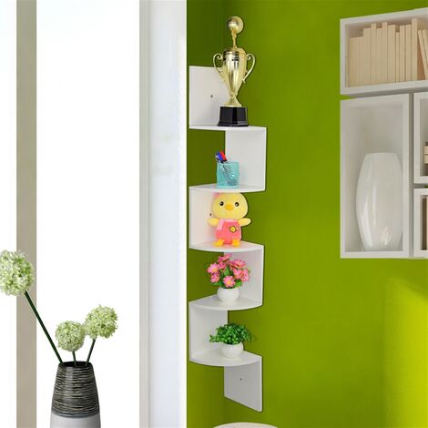 5 Tiers Wooden Corner Shelf Wall Mounted Display Rack White