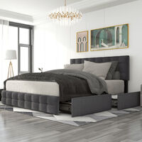 4ft6 Grey Adults Upholstered Double Bed Frame w/4 Storage Drawers, Adjustable Height Headboard&Square Stitched Design