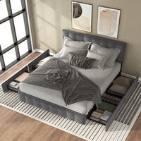 4ft6 Grey Adults Upholstered Double Bed Frame w/4 Storage Drawers, Adjustable Height Headboard&Square Stitched Design