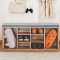 14-Grids Wooden Shoe Rack Bench Storage Cabinet Hallway Cupboard Organizer with Seat Cushion