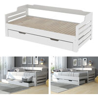 90 x190cm Wooden Daybed with Trundle and Drawer, Cabin Bed, Solid Guest Bed&Sofa Bed, Pull out Trundle and Storage Drawer for Living Room and Bedroom