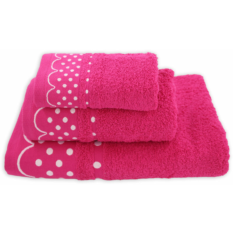 Acomoda Textil - Juego de 3 Toallas Baño 100% Algodón. Toalla Rizo con Cenefa Lunares 500 gr/m2. Pack 3 Toallas, Sábana Ducha, Lavabo y Tocador. (Fucsia)