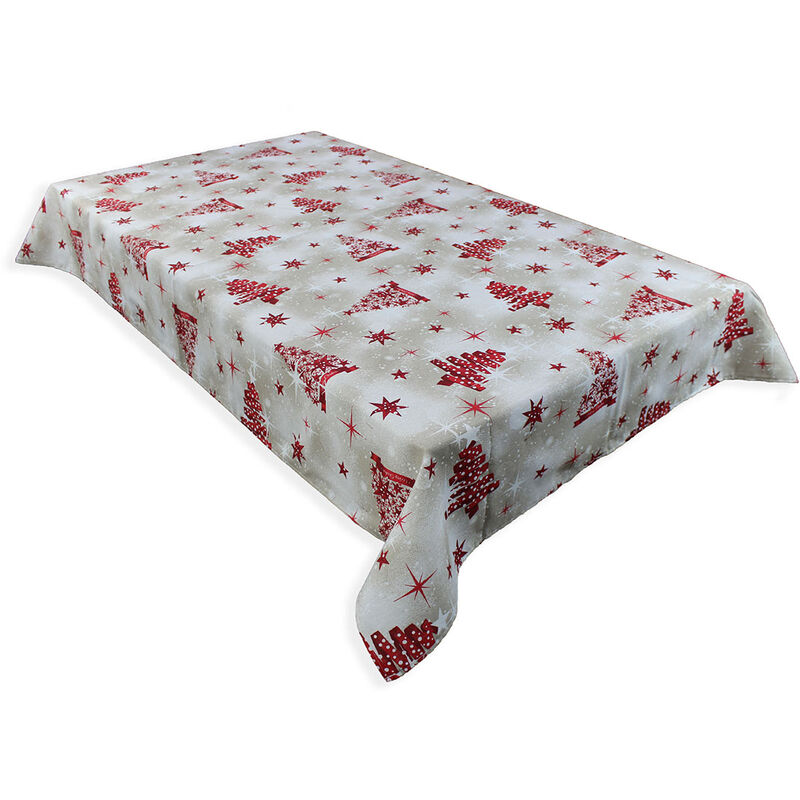 Mantel Acomoda Textil navidad beige y rojo 140x140 cm antimanchas rectangular cuadrado lavable decorativo al corte. 140