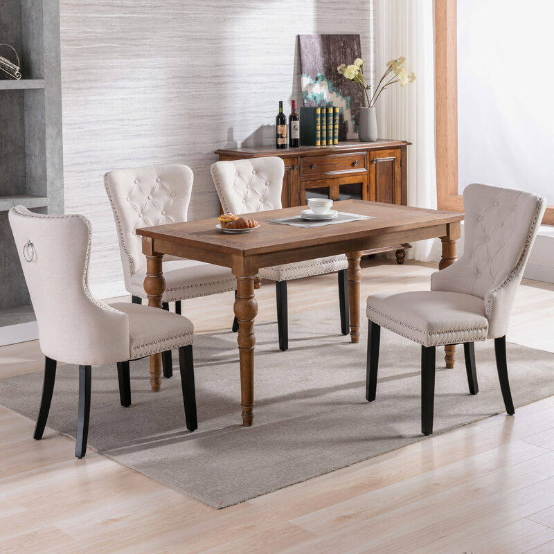 Sedia da pranzo in lino con gambe in quercia, - Set di 2 (beige