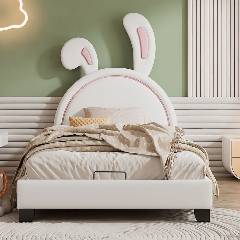 Letto per Bambini con Doghe e Schienale, Letto per Bambina Bianco a Forma  di Orecchie di Coniglio - 90x200 cm (Senza Materasso)