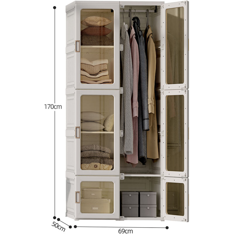 Armadio Guardaroba Pieghevole Armadio Componibile con Ante e Barre  Appendiabiti Bianco 69x50x170 cm