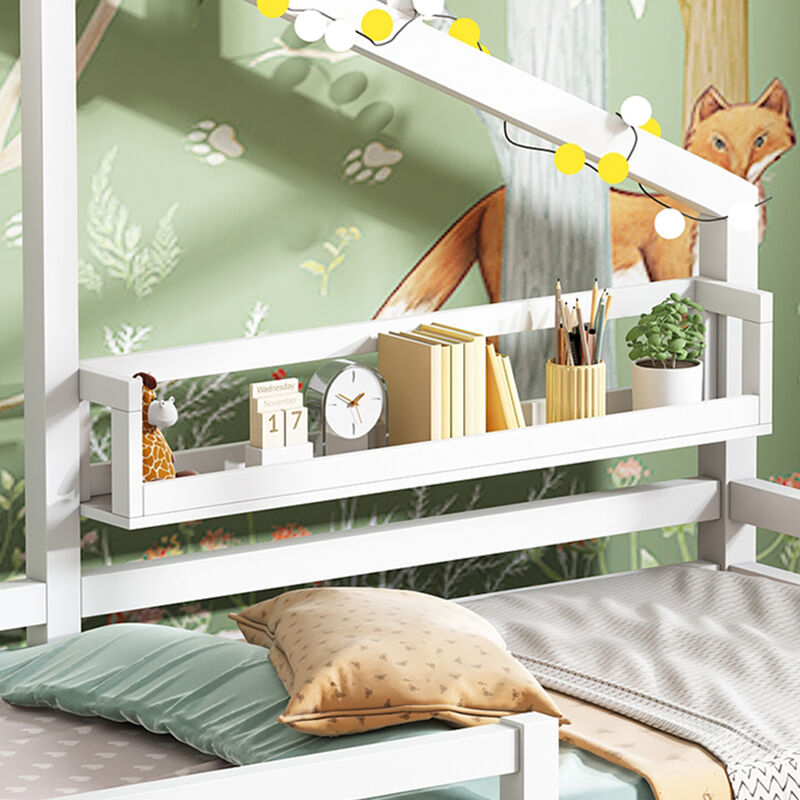 Letto per Bambini 90x200 cm con Scaffale di Stoccaggio a Forma di Camino  Bianco, Legno Naturale