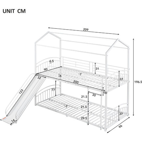 Letto A Castello Lubvtti Con Letto Estraibile - 90x200 E 120x200 Cm, In Legno Massiccio, Bianco E Naturale