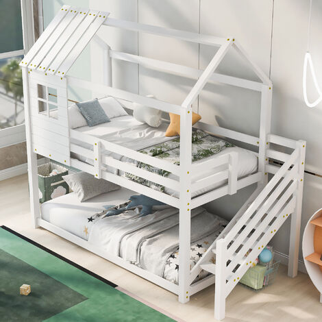 Letto a Castello, Letto per Bambini con Protezione Anticaduta e Corrimano  Bianco 90x200 cm