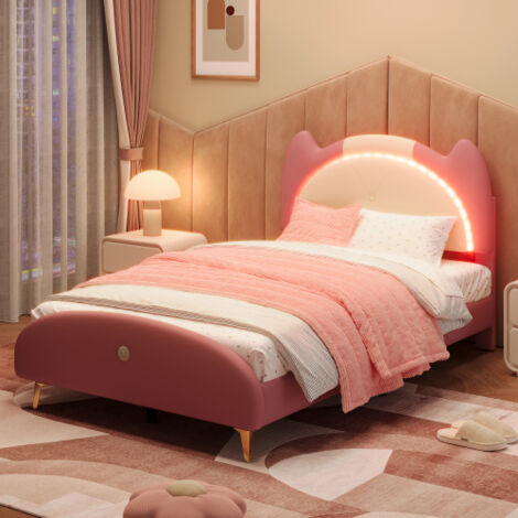 Letto Imbottito con LED, Doghe e Testiera, in PU, Bianco e Rosa