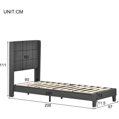 Letto Singolo con Testiera Imbottita e Boxspring per Adulti e Bambini Stile  Contemporaneo 90x200 cm, Grigio